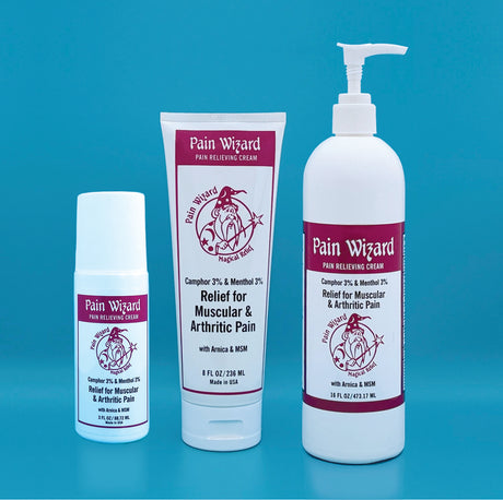 Pain Wizard Family Pack-16oz Pump, 8oz Tube w/MSM, 3oz Roll-on